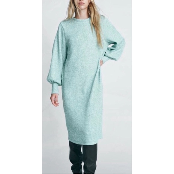 Zara | Dresses | Zara Green Ribbed Knit Long Sleeve Crew Neck Sweater Dress  | Poshmark
